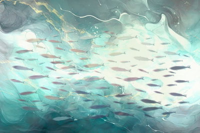 School of small fish – motivvy. Små ljusa fiskar simmar tillsammans genom turkost vatten med mörka, mjukt böljande former ovanför.