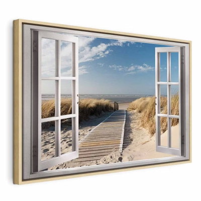 Window view of the beach – naturfärgad ram. Ett tryckt öppet fönster visar en träspång genom sand och strandgräs mot havet.