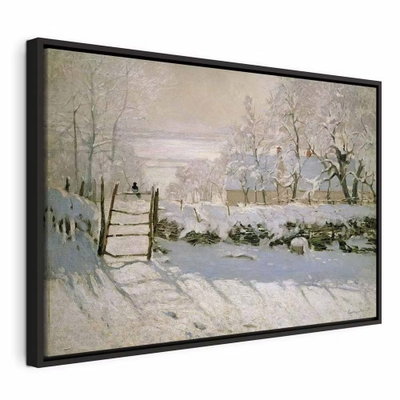 Claude monet the magpie – svart ram. En liten mörk fågel sitter vid en grind i ett ljust snölandskap med träd och långa mjuka skuggor.