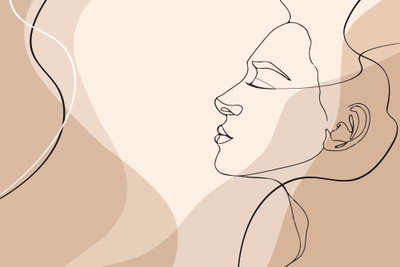 Feminine line – motivvy. En kvinnoprofil tecknas med tunna svarta linjer över mjuka beige, bruna och ljust rosa färgfält.