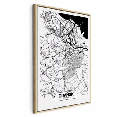 City plan gdansk vertical – naturfärgad ram. Tunna svarta gator möter en stor mörk vattenyta på en vit stadskarta med namnet GDAŃSK nedtill.