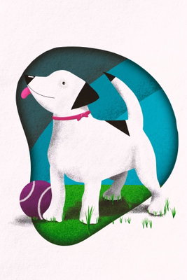 Dog and ball vertical – motivvy. En vit hund med röda detaljer står vid en rosa boll framför ett mörkt turkost, ovalt fält.