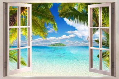 Window sea view – motivvy. Motivet föreställer ett öppet vitt fönster med utsikt över en strand, turkost hav och gröna palmblad.