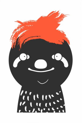 Crazy sloth vertical – motivvy. En svart, leende tecknad figur med stora ljusa ögon och yvigt orange hår står på vit botten.