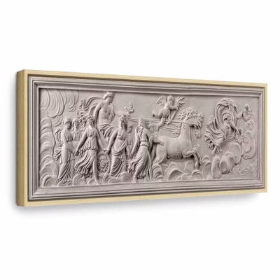 Relief apollo and muses – naturfärgad ram. En klassisk scen med gestalter och dekorationer återges som ett ljust stenreliefmotiv i gråbeige toner. Djupet är en del av bilden.