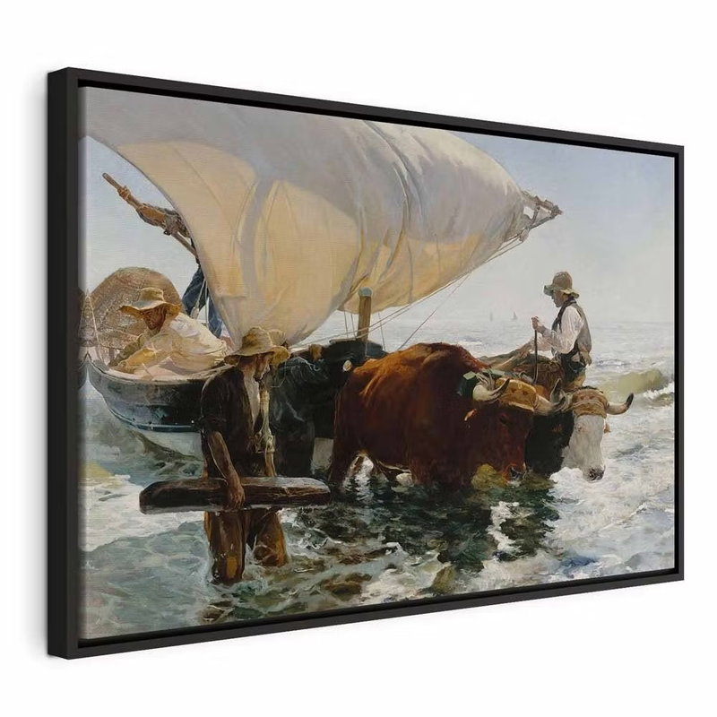 Joaqu n sorolla y bastida – svart ram. Dragdjur och en ljus segelbåt står i grunt vatten i en målad scen med blågrå vågor.