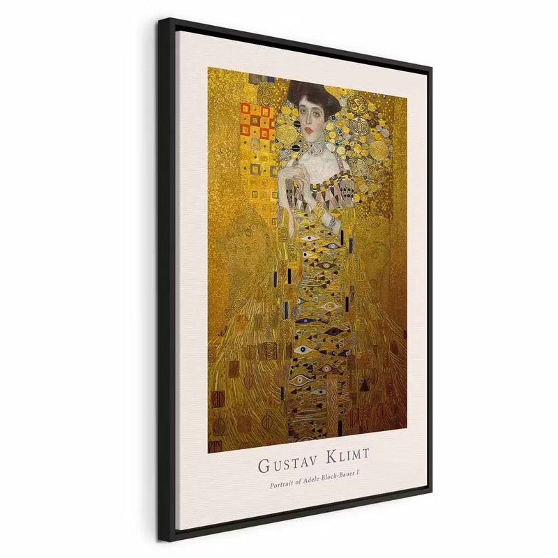 Gustav klimt portrait of – svart ram. Ett kvinnoporträtt omges av täta guldfärgade geometriska former med en ljus tryckt marginal.