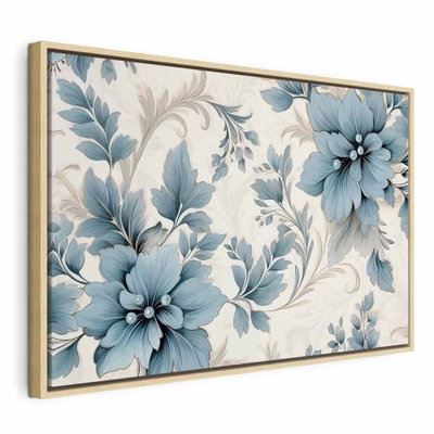 Turquoise flowers in retro – naturfärgad ram. Blågrå blommor och slingrande blad bildar ett dekorativt mönster på en ljus crèmefärgad botten.