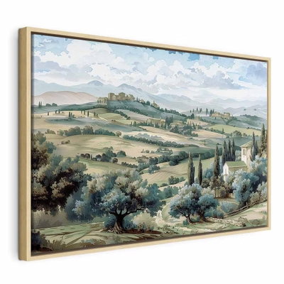 Landscape with green fields – naturfärgad ram. Mjuka gröna kullar, små byggnader och smala träd ligger under en stor ljus himmel i ett detaljrikt målat landskap.