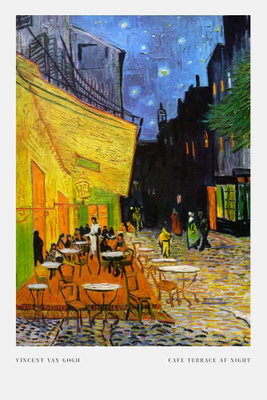 Cafe at night vertical – motivvy. Ett starkt gult upplyst café med små bord ligger längs en gata under en blå stjärnhimmel och ljus tryckt marginal.