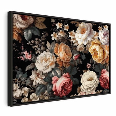 Colourful flowers on a black – svart ram. Vita, crèmefärgade, rosa och gulorange rosor med mörkgröna blad bildar ett tätt mönster mot svart.