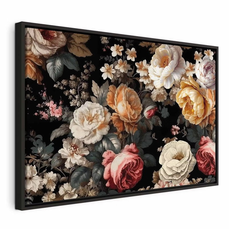 Colourful flowers on a black – svart ram. Vita, crèmefärgade, rosa och gulorange rosor med mörkgröna blad bildar ett tätt mönster mot svart.