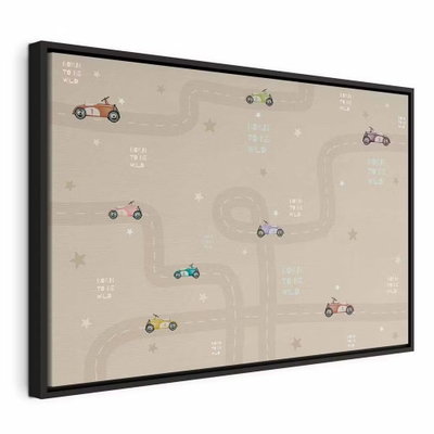 Race colorful cars on a road – svart ram. Små färgade bilar kör på en illustrerad väg bland stjärnor och små textdetaljer på beige botten.