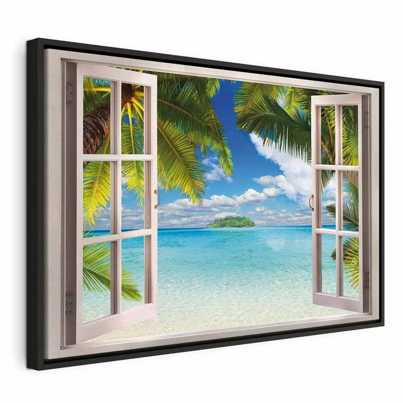 Window sea view – svart ram. Motivet föreställer ett öppet vitt fönster med utsikt över en strand, turkost hav och gröna palmblad.