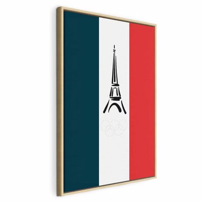 French flag with graphic – naturfärgad ram. Blå, vita och röda lodräta fält omger en liten svart Eiffeltornssymbol mitt på bildytan.