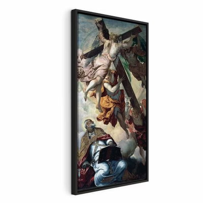 Tintoretto apparition of the – svart ram. Målade gestalter och ett stort kors bildar en klassisk scen med gröna, röda, vita och bruna färgpartier.