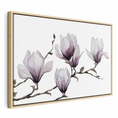 Painted magnolias wide – naturfärgad ram. Vita och blekt violetta magnoliablommor sitter på en tunn, mörk gren mot vitt.