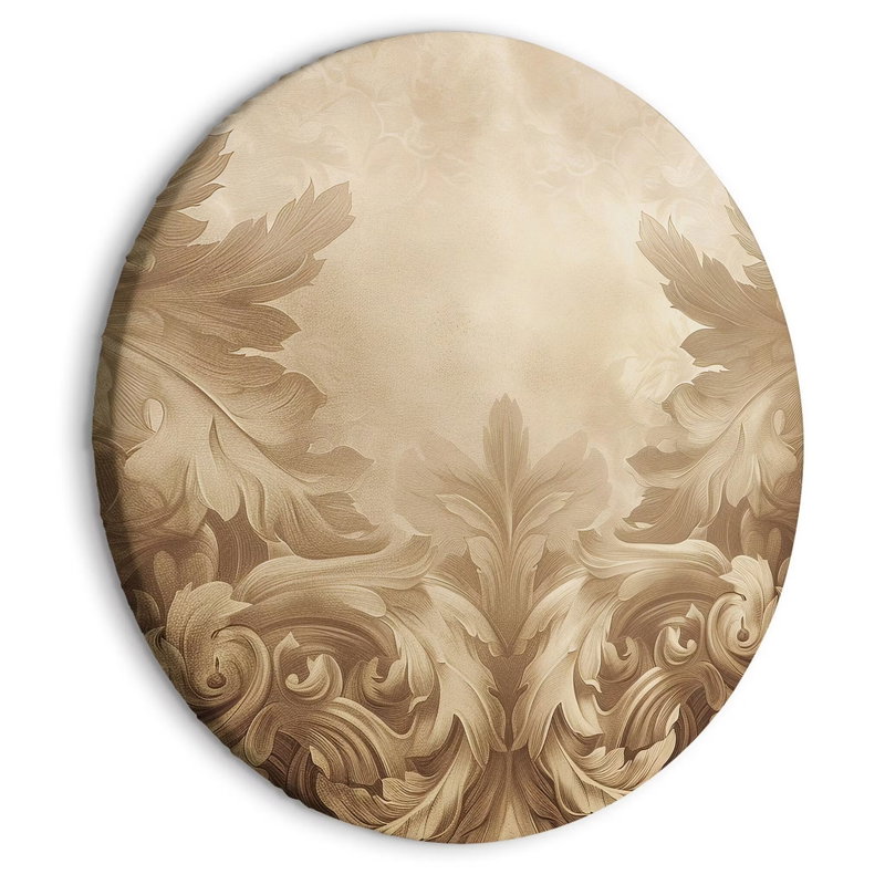 Rund motivvy för Carved baroque ornaments: Krökta blad och rullade ornament möts i beige och bruna toner.
