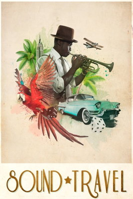 Sound travel vertical – motivvy. En trumpetspelare med hatt omges av en röd fågel, gröna växter, en bil och tryckt typografi i ett illustrerat collage.