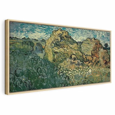 Vincent van gogh field with – naturfärgad ram. Ett grönt fält och träd i bildens ena del återges med tydliga penseldrag och sammanhållna färgfält.