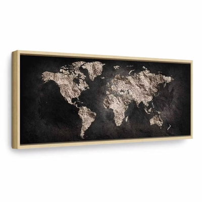 World full of secrets – naturfärgad ram. En ljusgrå världskarta ligger mot en svart bakgrund i en långsträckt komposition.