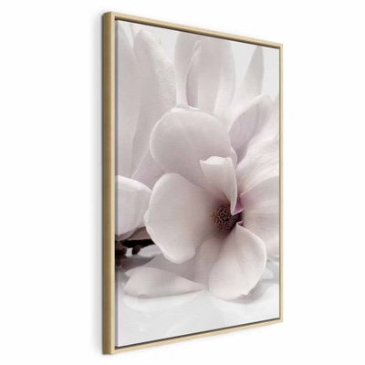 Blooming light vertical – naturfärgad ram. Stora vita och blekrosa blommor med mjuka kronblad fyller bildytan mot en dämpat grårosa bakgrund.