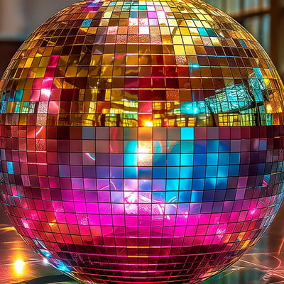 Kvadratisk motivförlaga för Gold disco ball: Gyllene spegelrutor möter starka blå, rosa och röda reflexer i en färgrik discokula.