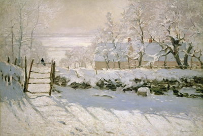 Claude monet the magpie – motivvy. En liten mörk fågel sitter vid en grind i ett ljust snölandskap med träd och långa mjuka skuggor.