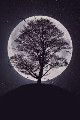 Lone tree vertical – motivvy. Ett mörkt, kalt träd står på en rundad höjd framför en stor ljus måne mot mörkt violett.