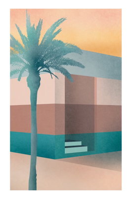 Pastel alley vertical – motivvy. En blågrön palm och geometriska byggnadsformer möter plana fält i varmt rosa, beige och turkost.