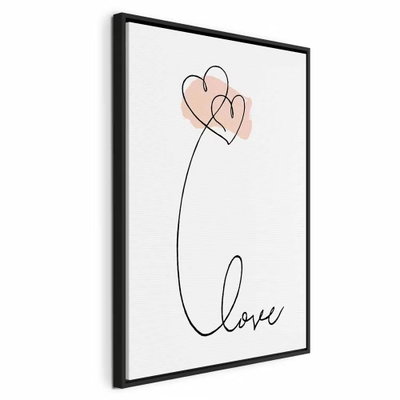 Connected in the clouds – svart ram. Två små hjärtan i svart kontur över rosa färgfläckar övergår i en lång linje som skriver ordet love.