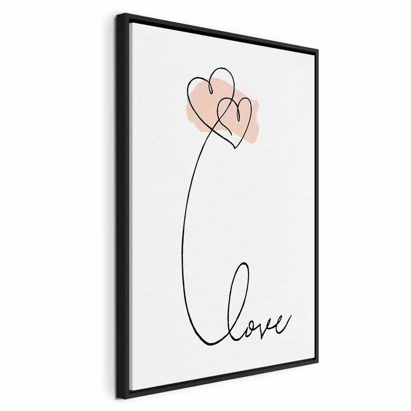 Connected in the clouds – svart ram. Två små hjärtan i svart kontur över rosa färgfläckar övergår i en lång linje som skriver ordet love.
