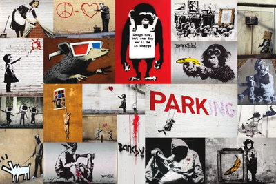 Banksy collage – motivvy. Många små svartvita och färgade scener, figurer, skyltar och väggmotiv samlas i ett tätt rutliknande collage.