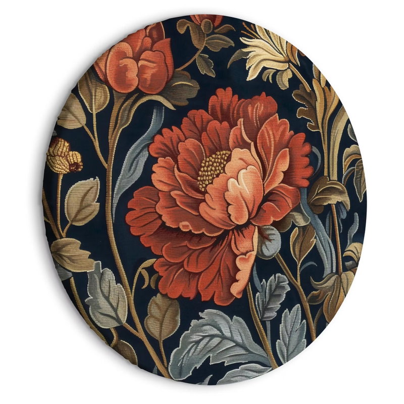 Rund motivvy för Tapestry large flowers retro: Stora rostorange blommor och olivgröna blad växer över en mörk botten.