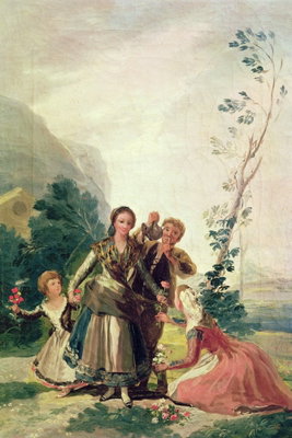 Francisco goya spring or the – motivvy. Flera personer i historiska kläder samlas vid ett smalt träd i ett ljust, grönskande landskap.