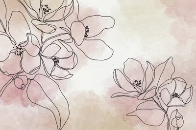 Peaceful composition wide – motivvy. Tunna mörka blomkonturer möter blekt rosa, beige och vita akvarellskiftningar.