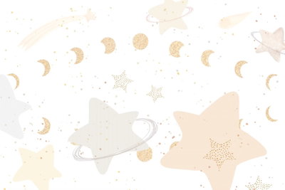 Fairy tale galaxy phases of – motivvy. Ljusa planeter, stjärnor och en rad månfaser bildar en luftig illustration i vitt, crème och blekt gult.