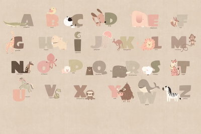 Alphabet at the zoo joyful – motivvy. Ljust färgade bokstäver kombineras med små djurillustrationer i flera rader över en varm beige bakgrund.