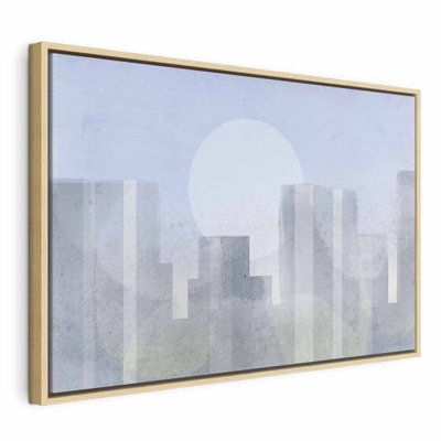 Modern city wide first – naturfärgad ram. Ljusa rektangulära byggnadsformer ligger framför en vit cirkel på en blågrå bakgrund.