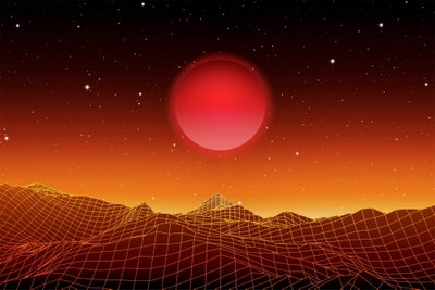 Futuristic landscape wide – motivvy. Orange rutnätslinjer bildar berg under en röd planet och en mörk, stjärnprydd himmel.