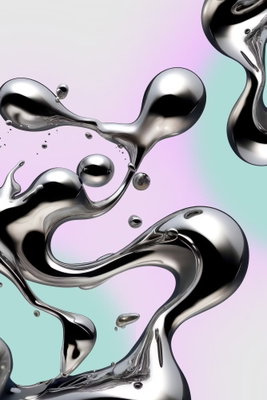 Metallic fluidity abstract – motivvy. Blankt återgivna, silverfärgade former slingrar sig över en ljus botten i rosa och turkost. Metalleffekten är tryckt.