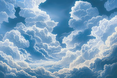 Blue sky breaking through – motivvy. Stora vita moln omger en djupblå öppning på himlen i en bred och ljus komposition.