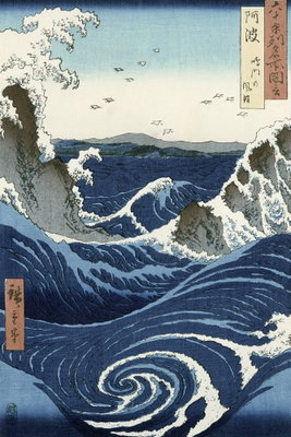 Utagawa hiroshige view of – motivvy. Blå vågor och virvlande vatten möter klippor i en japansk landskapsbild med tydliga linjer.