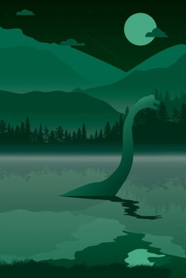 Loch ness vertical – motivvy. Ett stiliserat sjöodjur reser en lång hals ur en mörkgrön sjö med berg, träd och måne omkring.