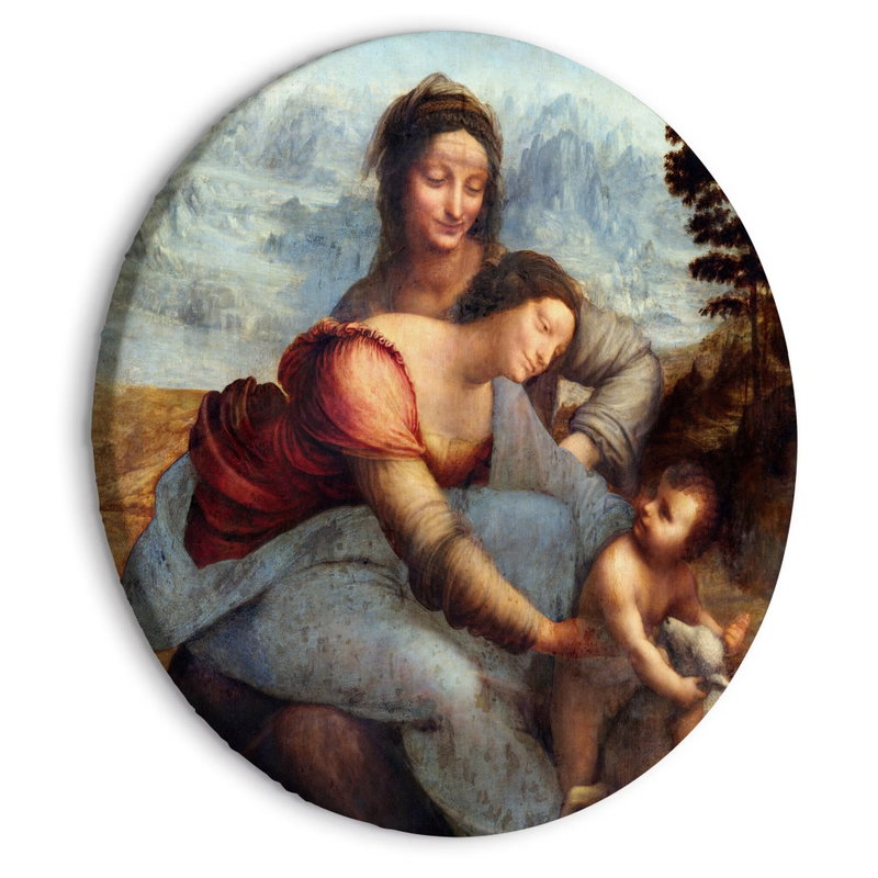 Rund motivvy för Leonardo da Vinci: Två kvinnor och ett barn med ett lamm bildar en sammanhållen figurgrupp framför ett bergslandskap.
