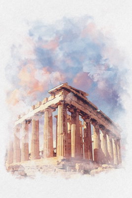 Painted parthenon vertical – motivvy. Ett klassiskt pelartempel återges med ljusa bruna detaljer och blårosa akvarellskiftningar.