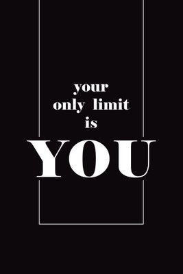 Key to success black and – motivvy. Vit typografi med orden your only limit is YOU framträder inom en tunn bård på svart.