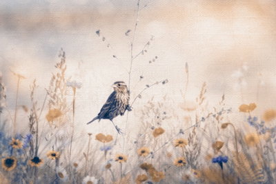 August melody – motivvy. En liten mörk fågel sitter bland tunna grässtrån och små blå och gula blommor under en stor, ljus himmel.