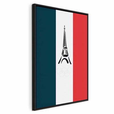 French flag with graphic – svart ram. Blå, vita och röda lodräta fält omger en liten svart Eiffeltornssymbol mitt på bildytan.