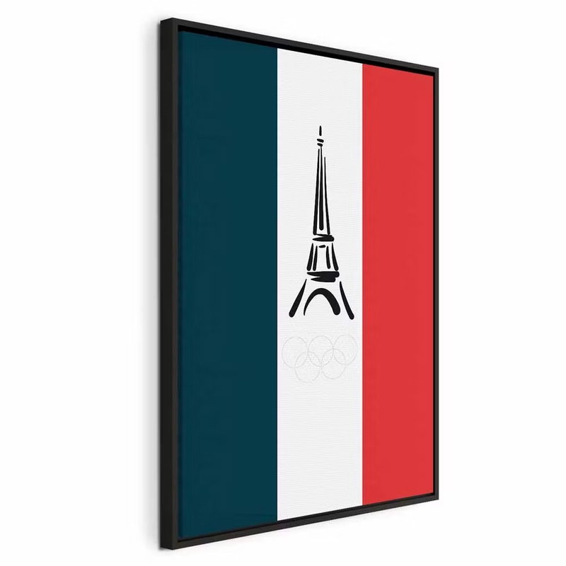 French flag with graphic – svart ram. Blå, vita och röda lodräta fält omger en liten svart Eiffeltornssymbol mitt på bildytan.